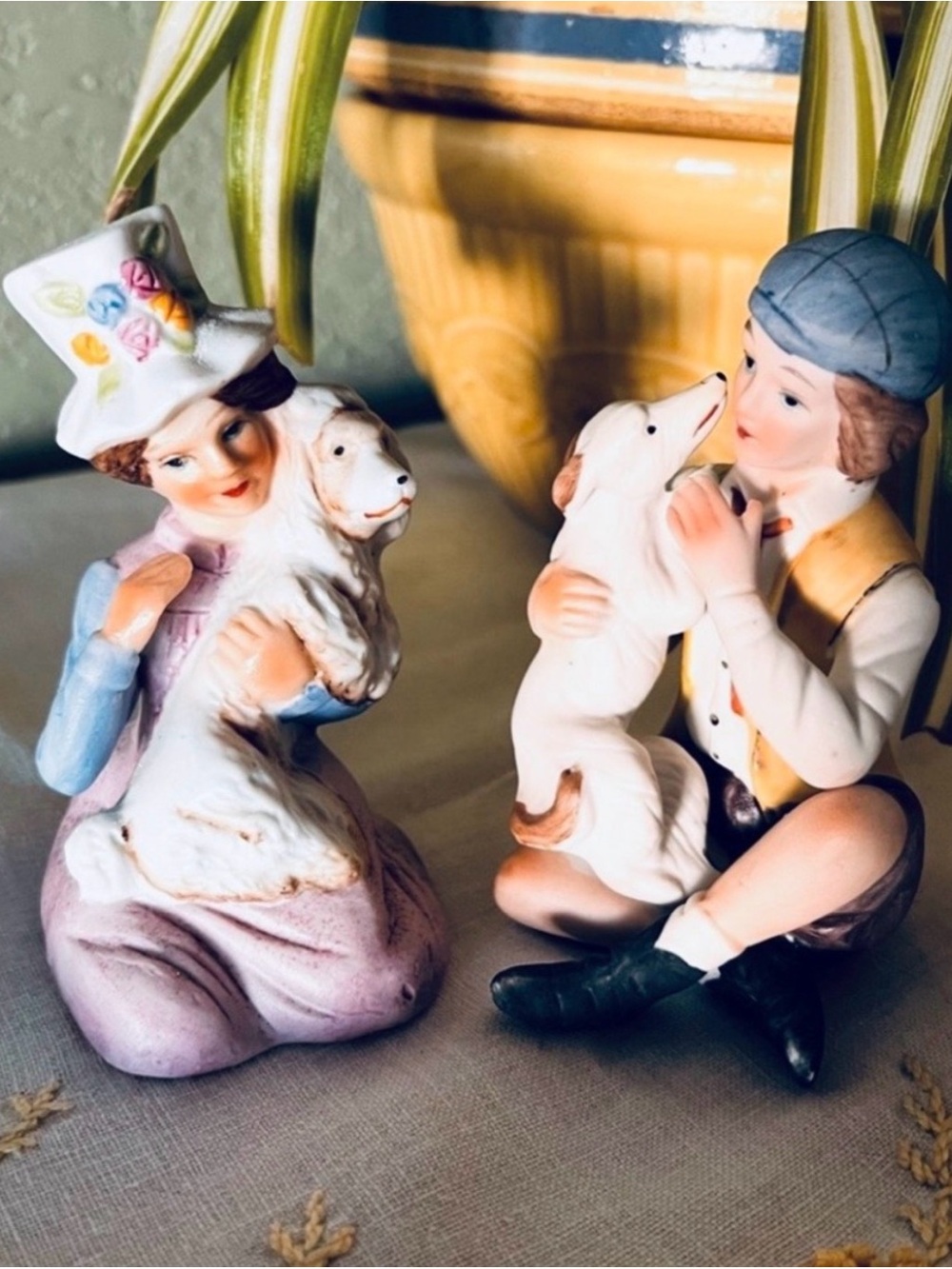 Vintage Figurines with Dogs Bisque Porcelain Set, Homeco